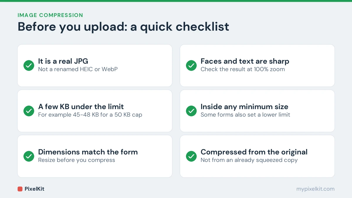 Checklist before uploading a compressed image: real JPG, under the limit, correct dimensions, sharp details, above any minimum, made from the original