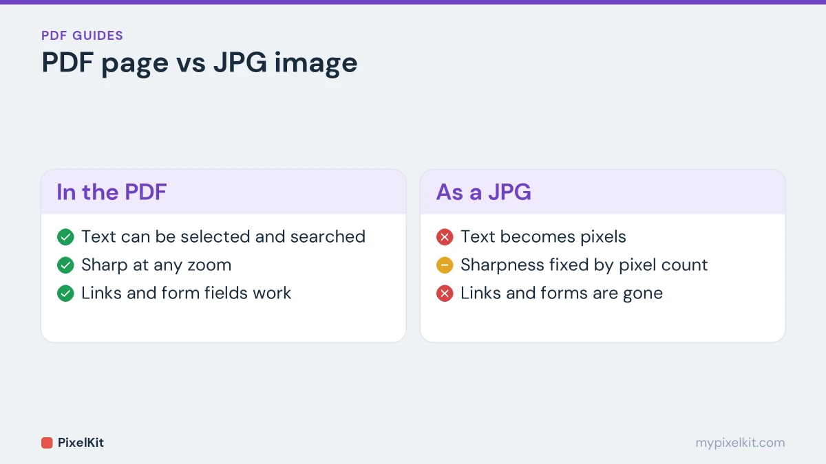 Comparison of a PDF page and the same page as a JPG image: text, sharpness, links and forms