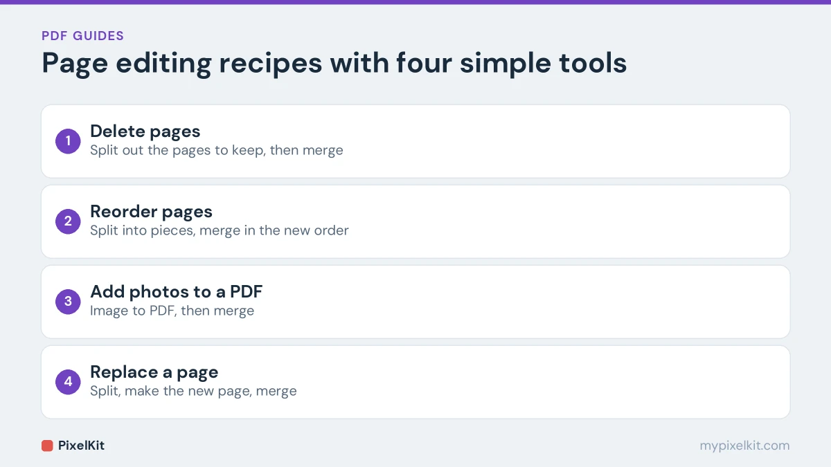 Four PDF page editing recipes: delete, reorder, add photos and replace a page using split, merge and image to PDF