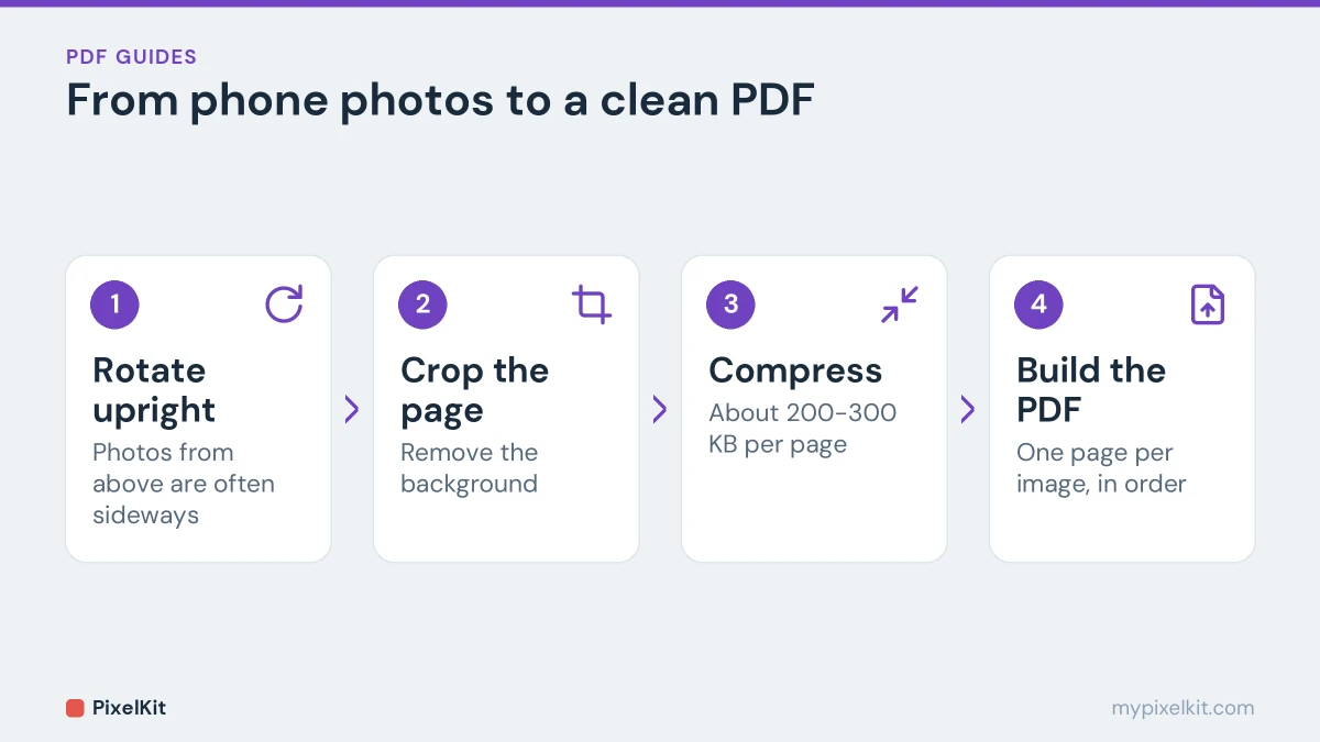 Four steps from phone photos to a clean PDF: rotate, crop, compress, build