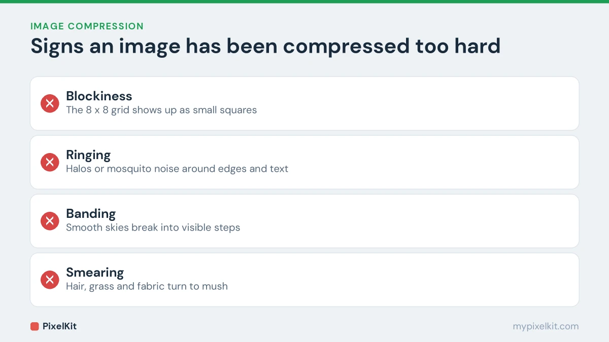 Four compression artifacts: blockiness, ringing, banding and smearing