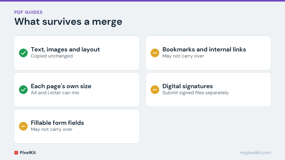What survives a PDF merge: text, images, layout and page sizes yes; form fields, bookmarks and digital signatures may not