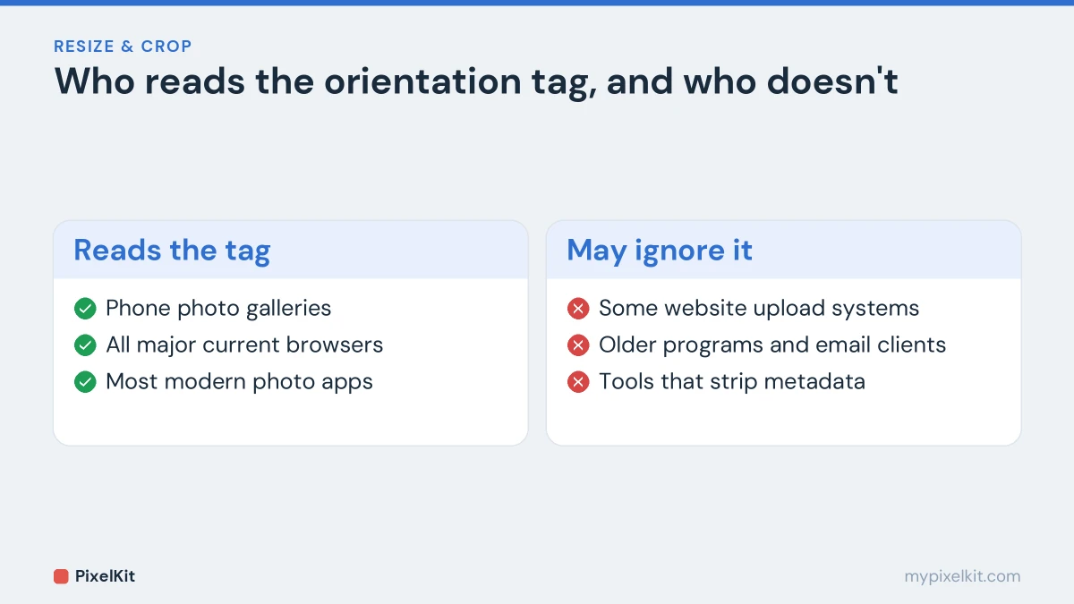 Comparison of software that reads the EXIF orientation tag and software that may ignore it