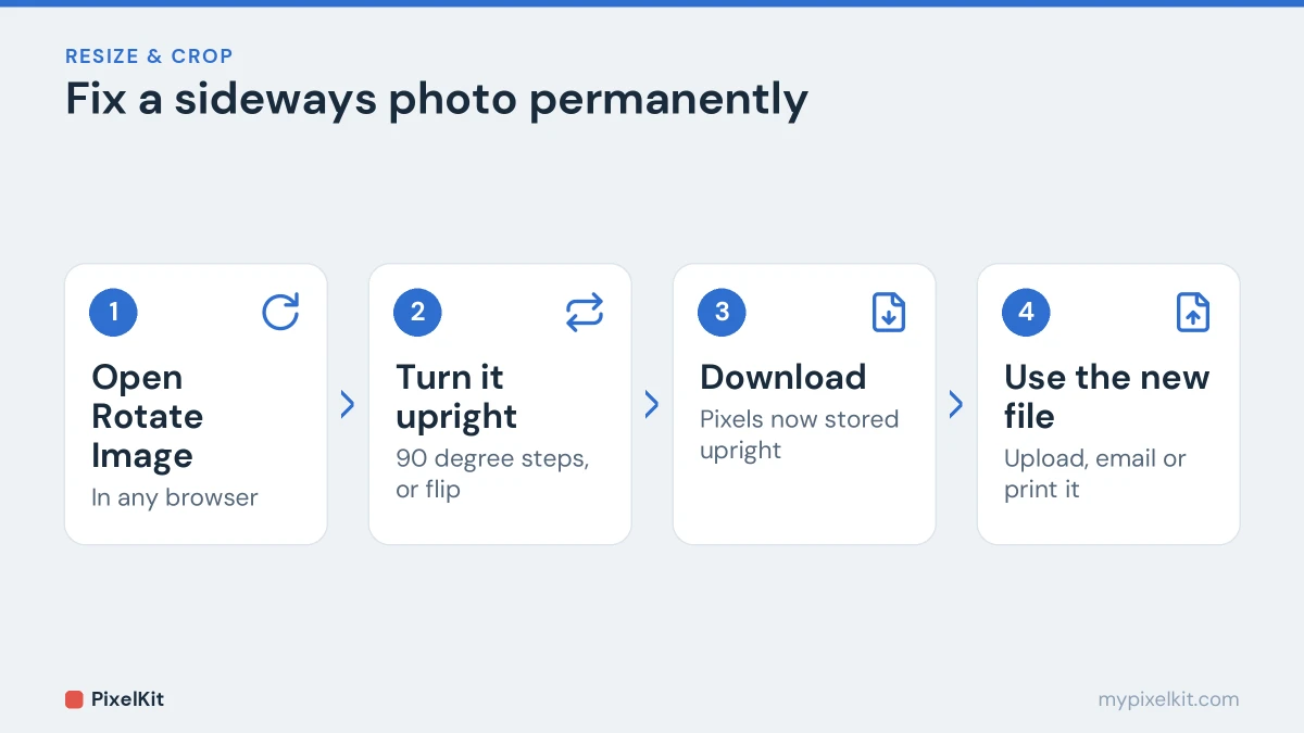 Four steps to fix a sideways photo: open Rotate Image, turn it upright, download, use the new file