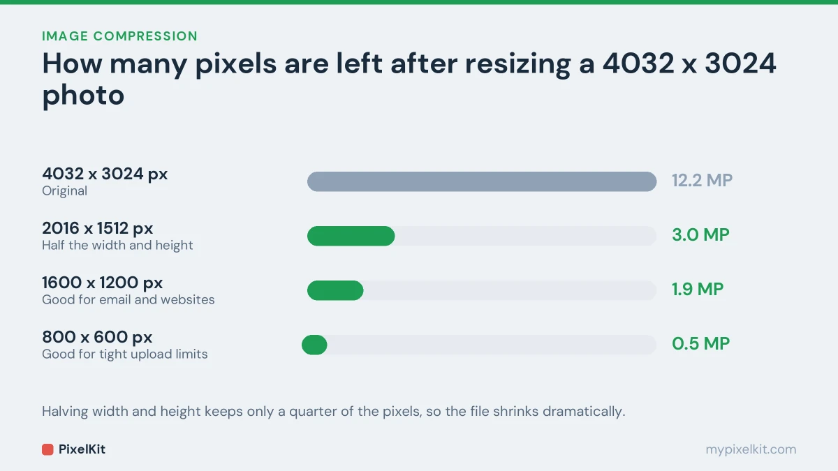 Bar chart comparing the pixel count of a 4032 by 3024 photo with resized versions at 2016, 1600 and 800 pixels wide