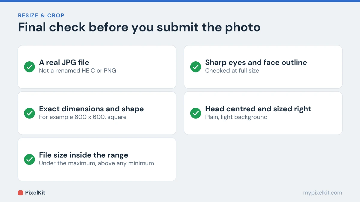 Checklist for a digital passport photo: real JPG, exact dimensions, file size in range, sharp face, head centred on a plain background